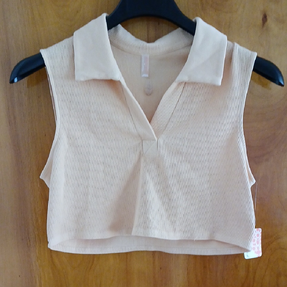 Cream Polo Collar Sleeveless Crop Top